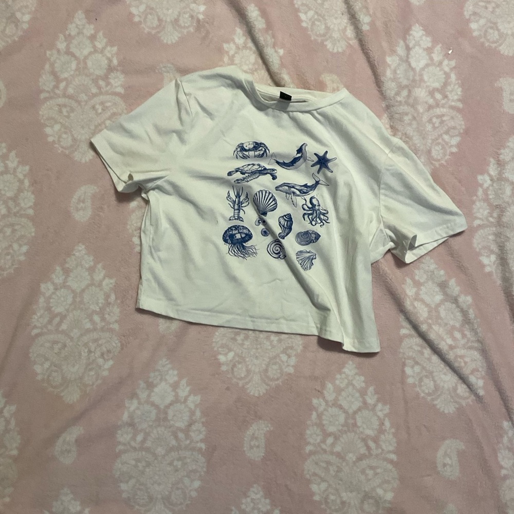 SHEIN White Tee with Blue Sea Life Design